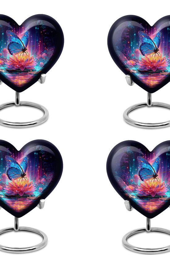 Royal Blue Butterfly Cremation Urn angled view of lid and engraved motif - compassionate heart-butterfly combination with gentle curves - 10 inch aluminum urn for cremated remains