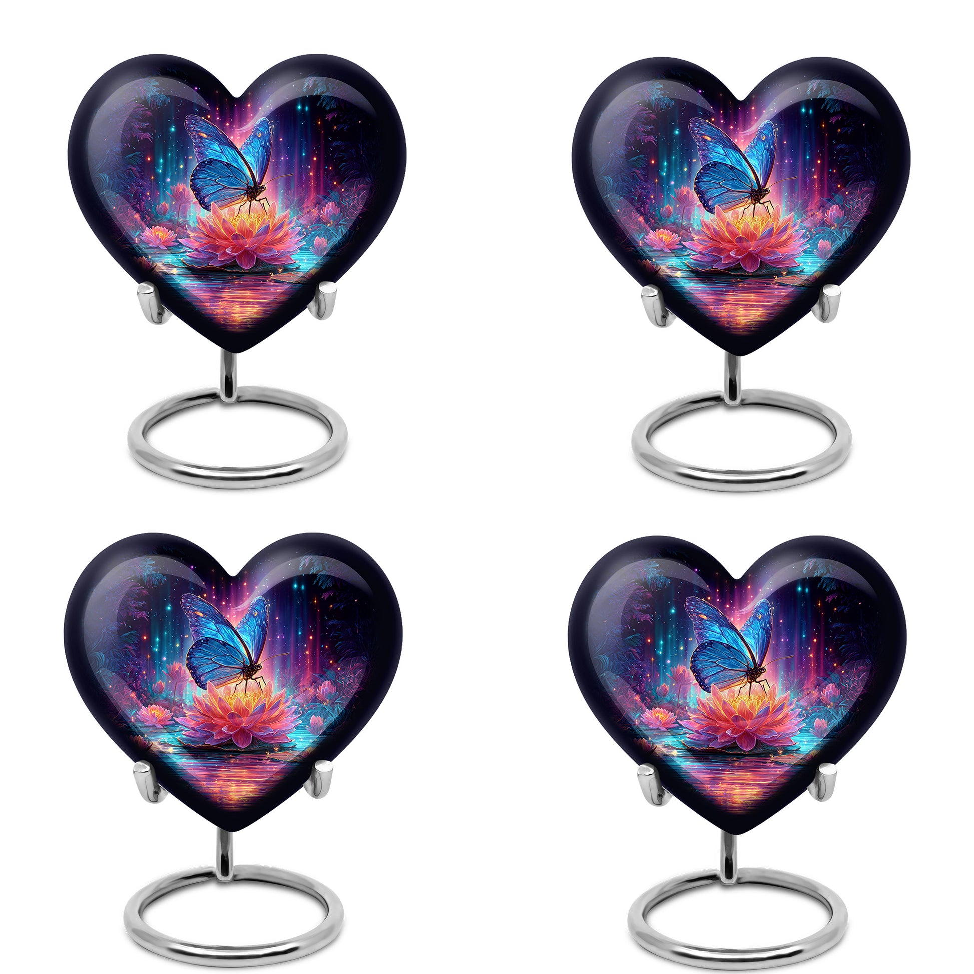 Royal Blue Butterfly Cremation Urn angled view of lid and engraved motif - compassionate heart-butterfly combination with gentle curves - 10 inch aluminum urn for cremated remains