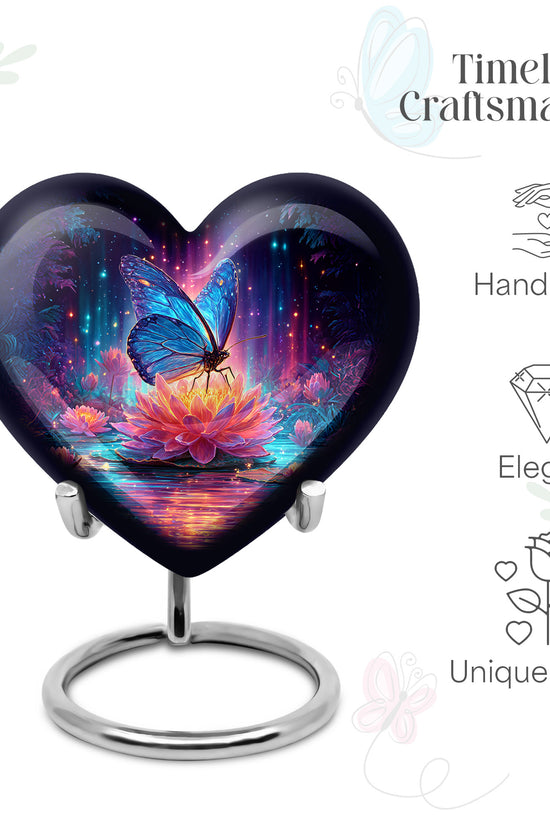 Cornflower Blue Butterfly Cremation Urn front view showing detailed design - romantic heart urn with butterfly motif on aluminum - mini keepsake memorial for portion of cremation ashes