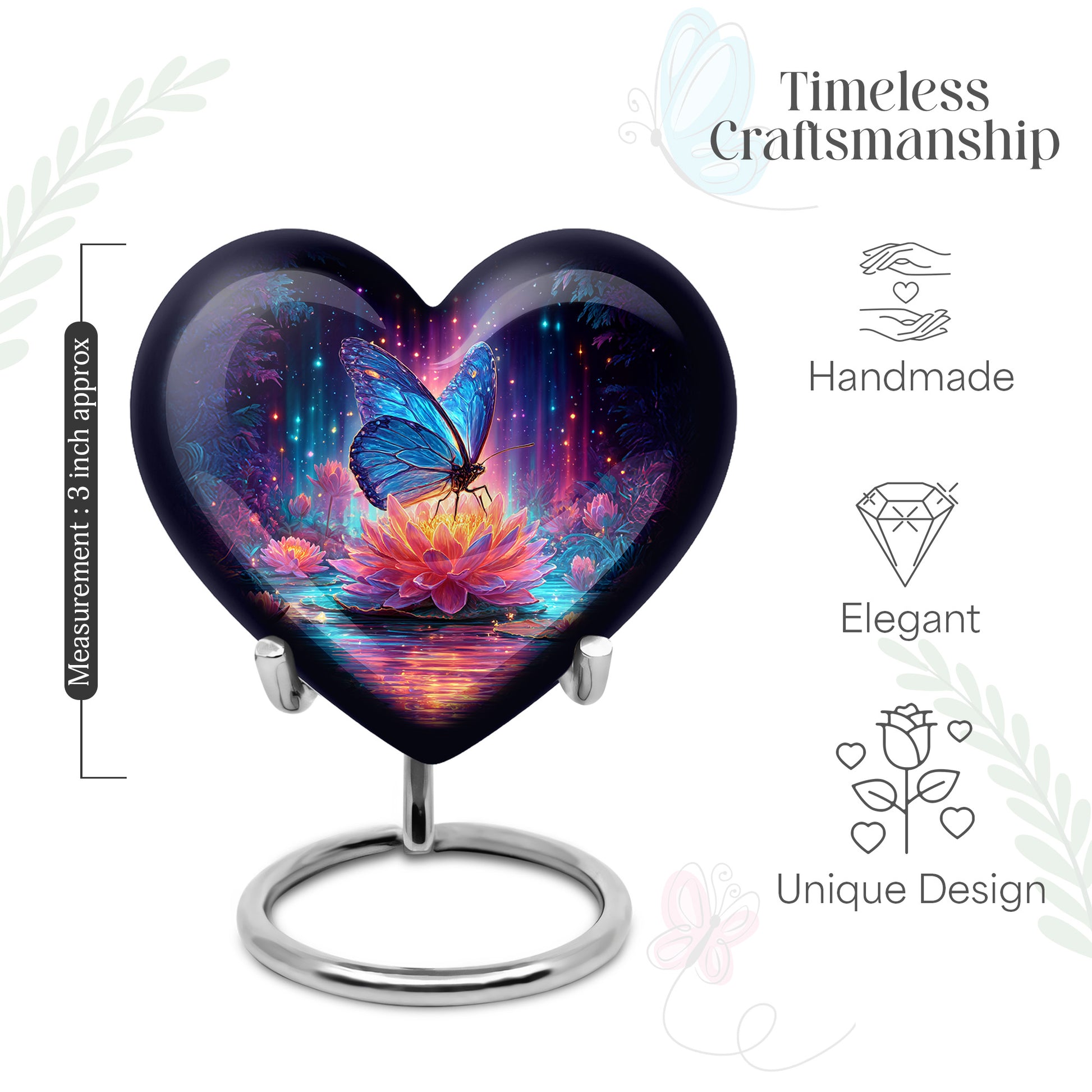 Cornflower Blue Butterfly Cremation Urn front view showing detailed design - romantic heart urn with butterfly motif on aluminum - mini keepsake memorial for portion of cremation ashes