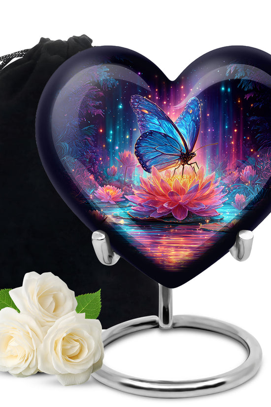 Twilight Blue Butterfly Cremation Urn detail view - compassionate heart-butterfly combination with gentle curves - full-size 10 inch 200 cubic inch adult cremation urn