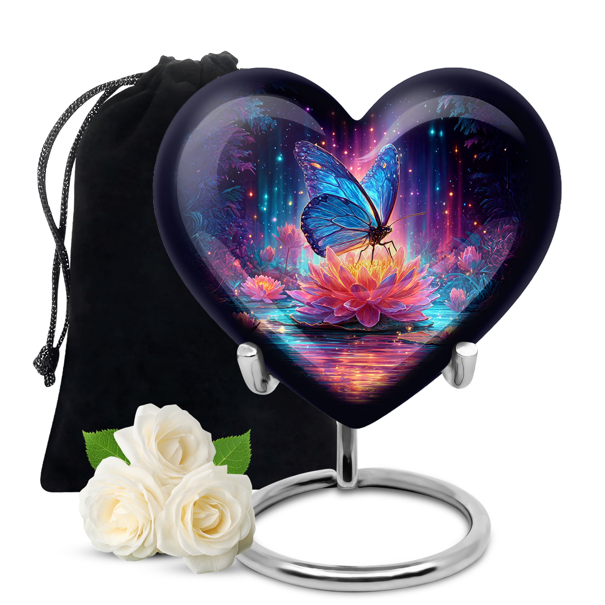 Twilight Blue Butterfly Cremation Urn detail view - compassionate heart-butterfly combination with gentle curves - full-size 10 inch 200 cubic inch adult cremation urn