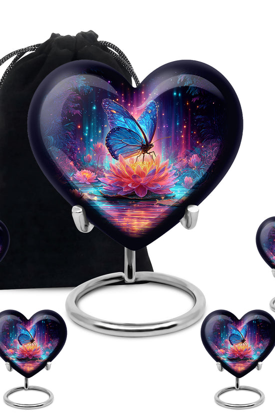 Calming Blue Butterfly Cremation Urn close-up of engraving and surface detail - compassionate heart-butterfly combination with gentle curves - memorial set with one large and four small urns