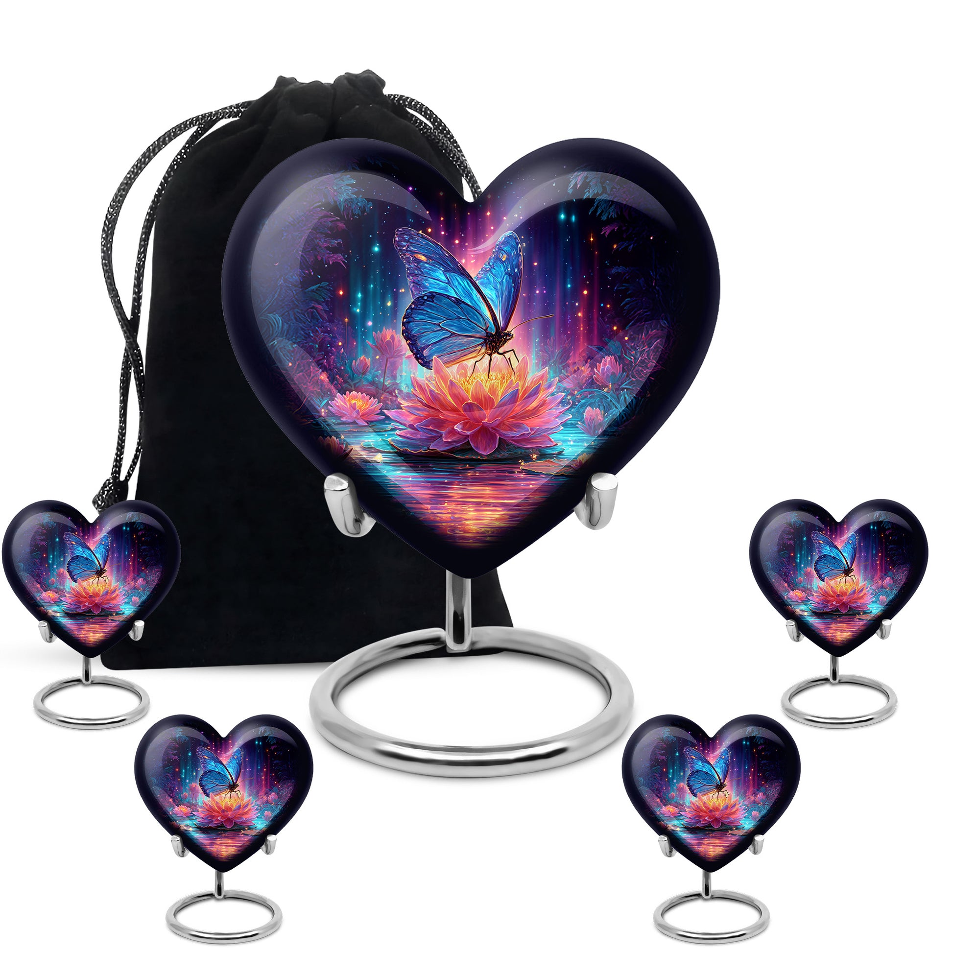 Calming Blue Butterfly Cremation Urn close-up of engraving and surface detail - compassionate heart-butterfly combination with gentle curves - memorial set with one large and four small urns