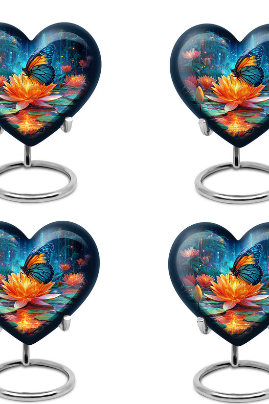 Soft Blue Butterfly Cremation Urn angled view of lid and engraved motif - compassionate heart-butterfly combination with gentle curves - 10 inch aluminum urn for cremated remains