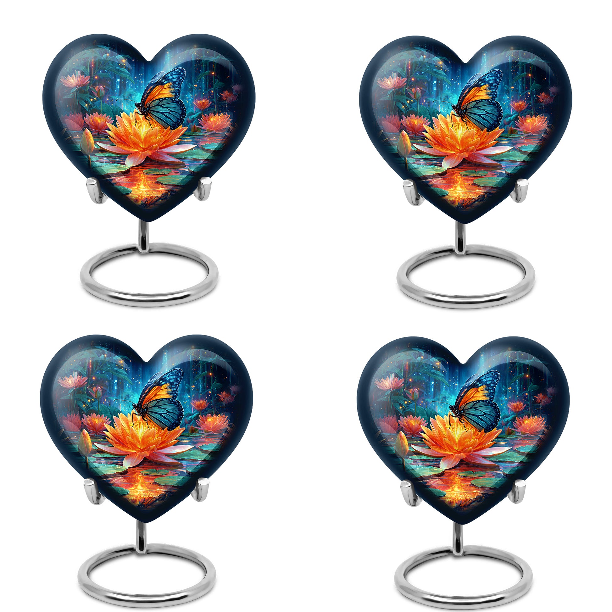 Soft Blue Butterfly Cremation Urn angled view of lid and engraved motif - compassionate heart-butterfly combination with gentle curves - 10 inch aluminum urn for cremated remains