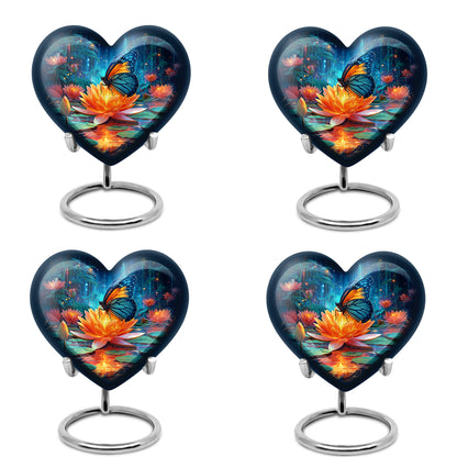 Soft Blue Butterfly Cremation Urn angled view of lid and engraved motif - compassionate heart-butterfly combination with gentle curves - 10 inch aluminum urn for cremated remains