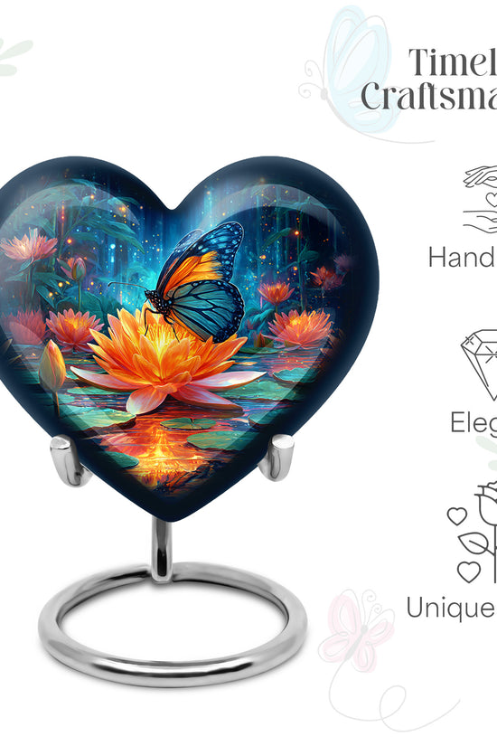 Azure Butterfly Cremation Urn front view showing detailed design - loving heart memorial featuring butterfly pattern - mini keepsake memorial for portion of cremation ashes