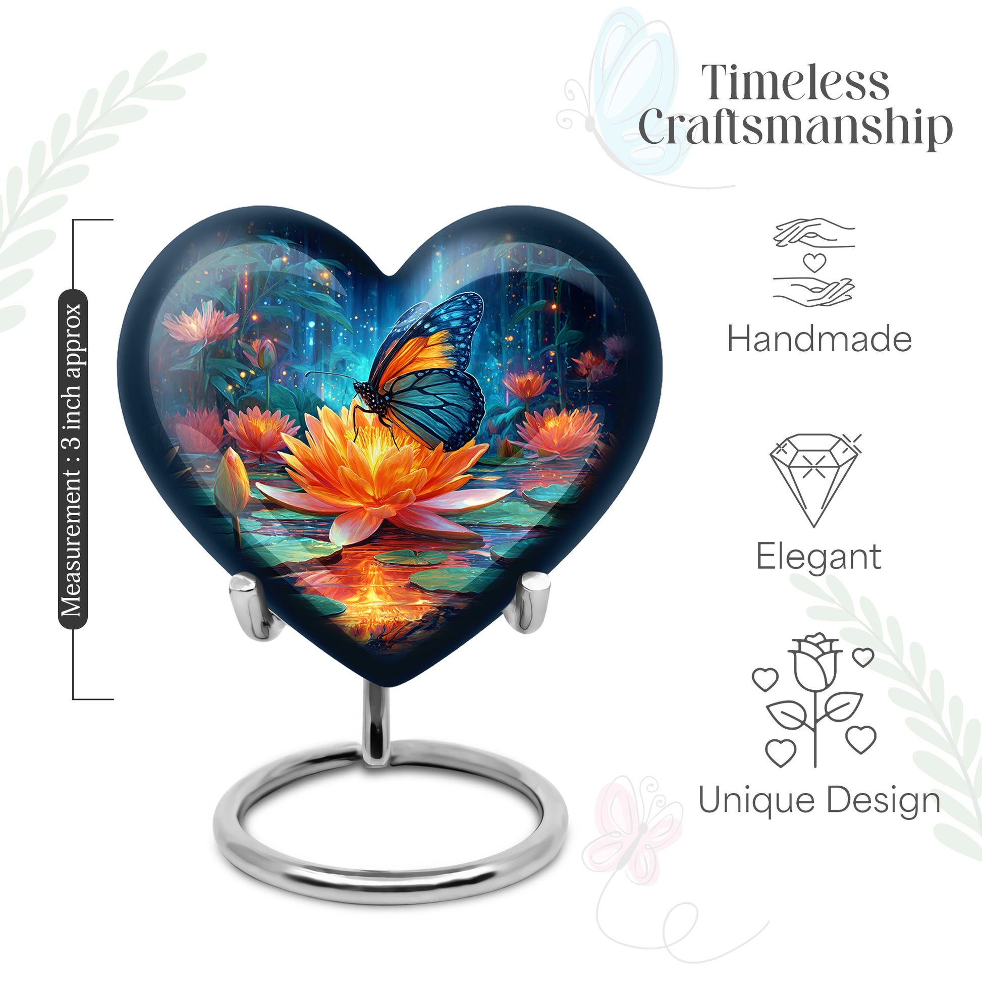 Azure Butterfly Cremation Urn front view showing detailed design - loving heart memorial featuring butterfly pattern - mini keepsake memorial for portion of cremation ashes