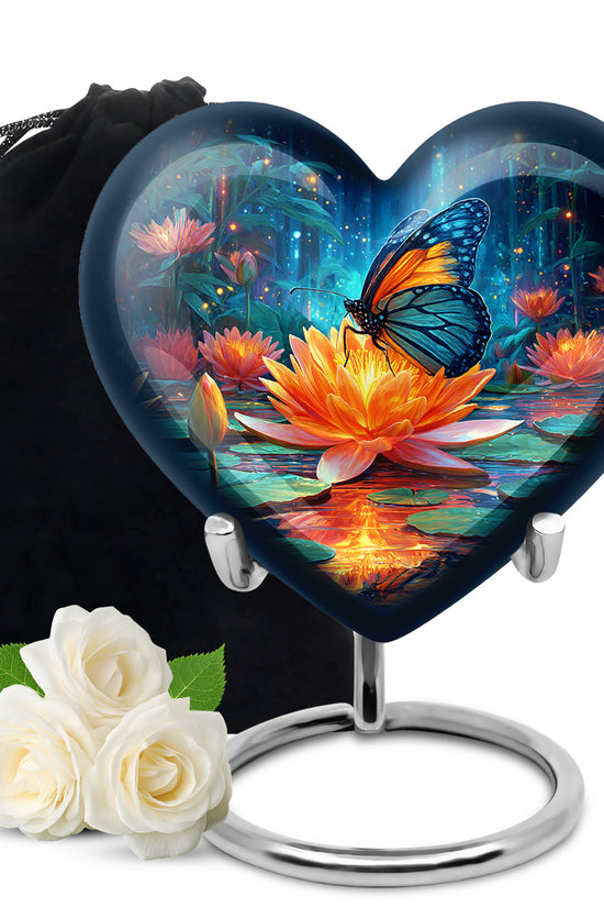 Powder Blue Butterfly Cremation Urn detail view - heart-shaped butterfly design symbolizing eternal love - full-size 10 inch 200 cubic inch adult cremation urn
