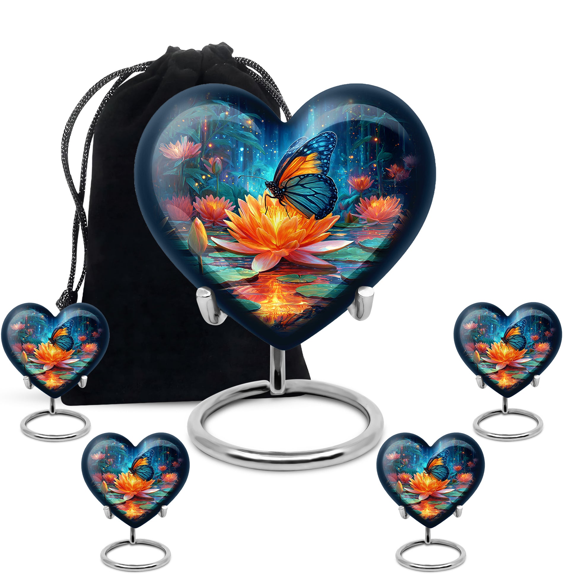 Twilight Blue Butterfly Cremation Urn close-up of engraving and surface detail - romantic heart urn with butterfly motif on aluminum - memorial set with one large and four small urns