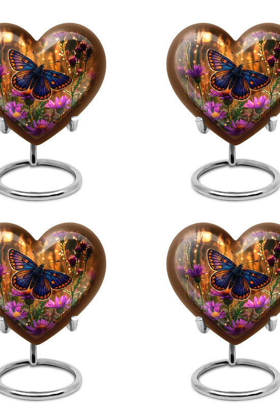Sunrise Gold Butterfly Cremation Urn angled view of lid and engraved motif - loving heart memorial featuring butterfly pattern - 10 inch aluminum urn for cremated remains