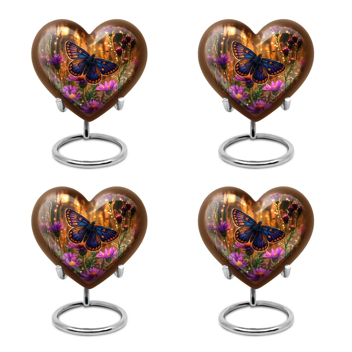 Sunrise Gold Butterfly Cremation Urn angled view of lid and engraved motif - loving heart memorial featuring butterfly pattern - 10 inch aluminum urn for cremated remains
