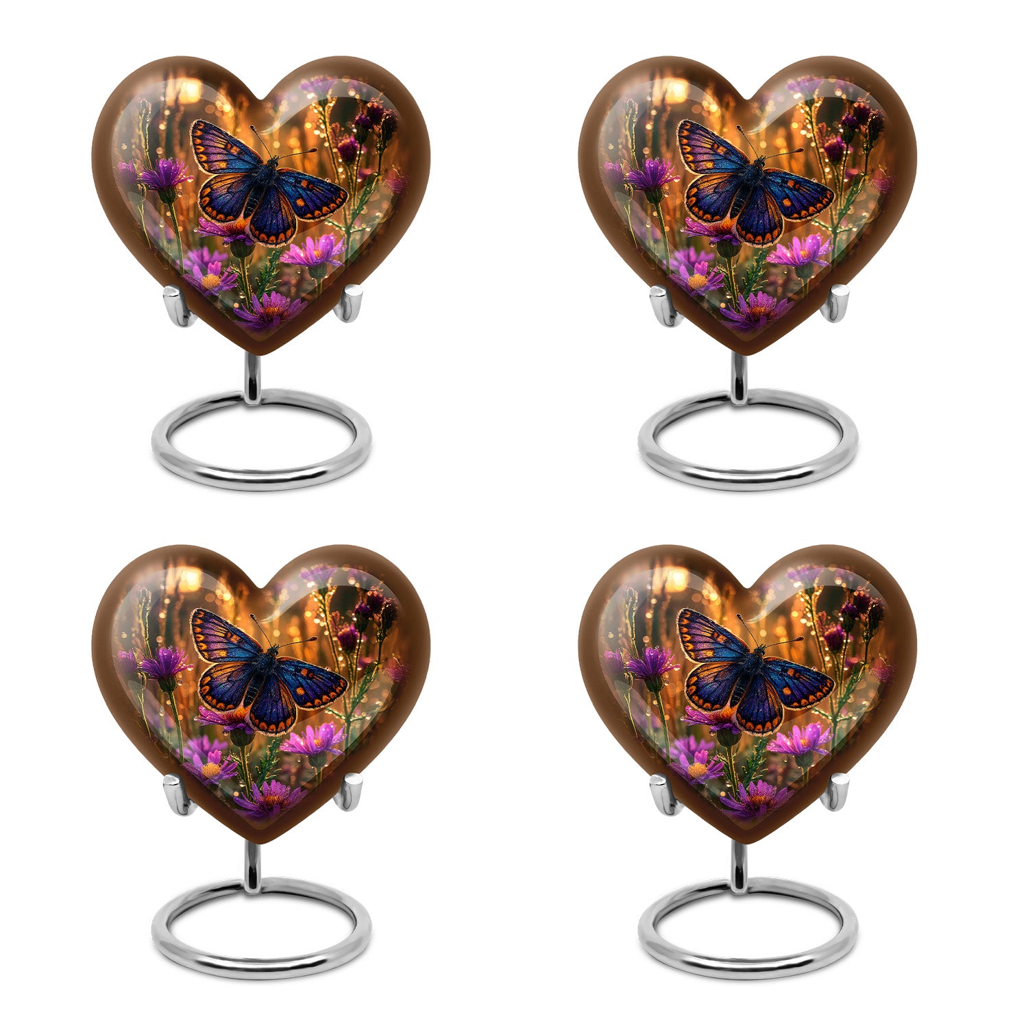 Sunrise Gold Butterfly Cremation Urn angled view of lid and engraved motif - loving heart memorial featuring butterfly pattern - 10 inch aluminum urn for cremated remains