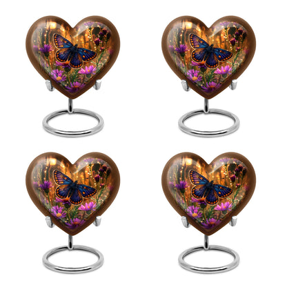 Sunrise Gold Butterfly Cremation Urn angled view of lid and engraved motif - loving heart memorial featuring butterfly pattern - 10 inch aluminum urn for cremated remains