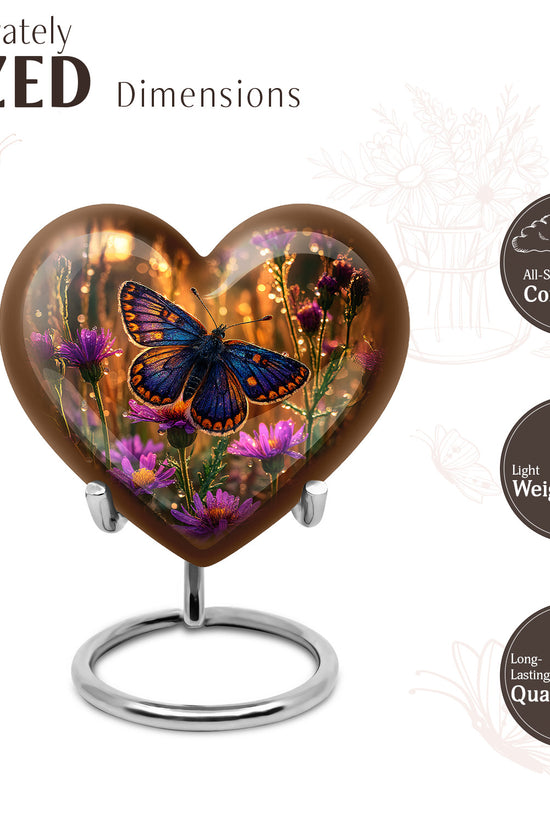 Champagne Gold Butterfly Cremation Urn front view showing detailed design - loving heart memorial featuring butterfly pattern - mini keepsake memorial for portion of cremation ashes