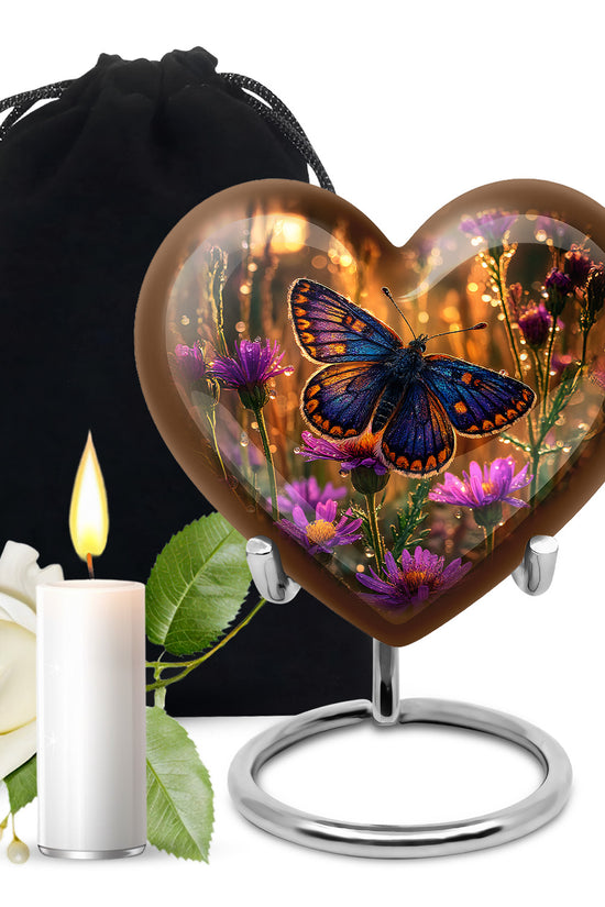 Gilded Gold Butterfly Cremation Urn detail view - heart-shaped butterfly design symbolizing eternal love - full-size 10 inch 200 cubic inch adult cremation urn