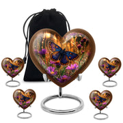 Matte Gold Butterfly Cremation Urn close-up of engraving and surface detail - romantic heart urn with butterfly motif on aluminum - memorial set with one large and four small urns