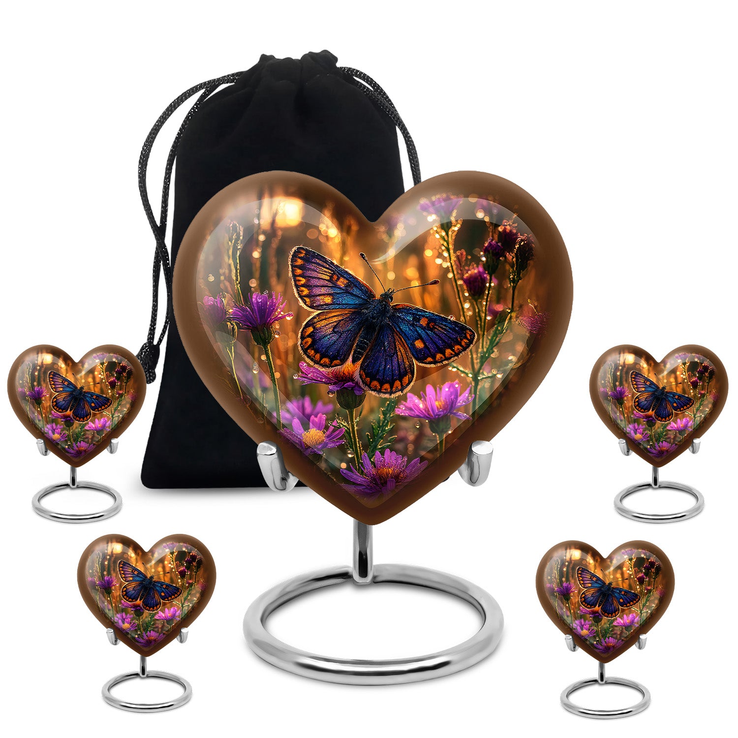Matte Gold Butterfly Cremation Urn close-up of engraving and surface detail - romantic heart urn with butterfly motif on aluminum - memorial set with one large and four small urns
