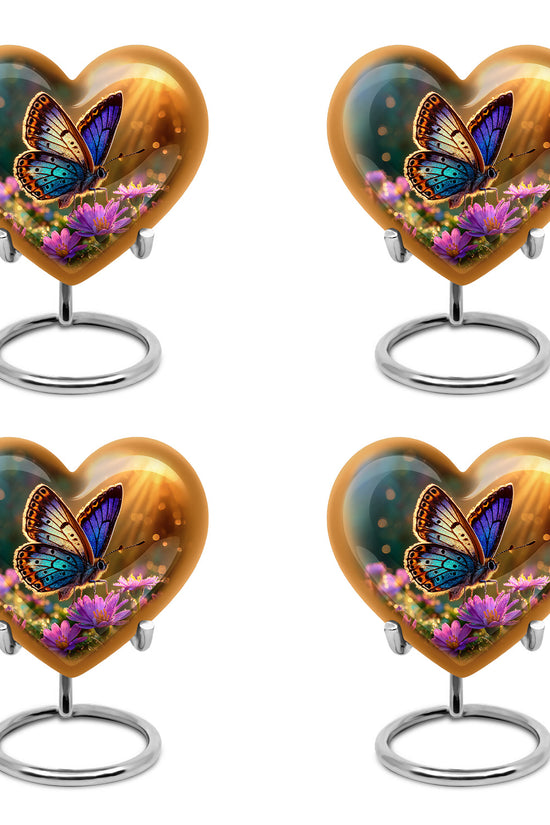 Harvest Gold Butterfly Cremation Urn angled view of lid and engraved motif - compassionate heart-butterfly combination with gentle curves - 10 inch aluminum urn for cremated remains