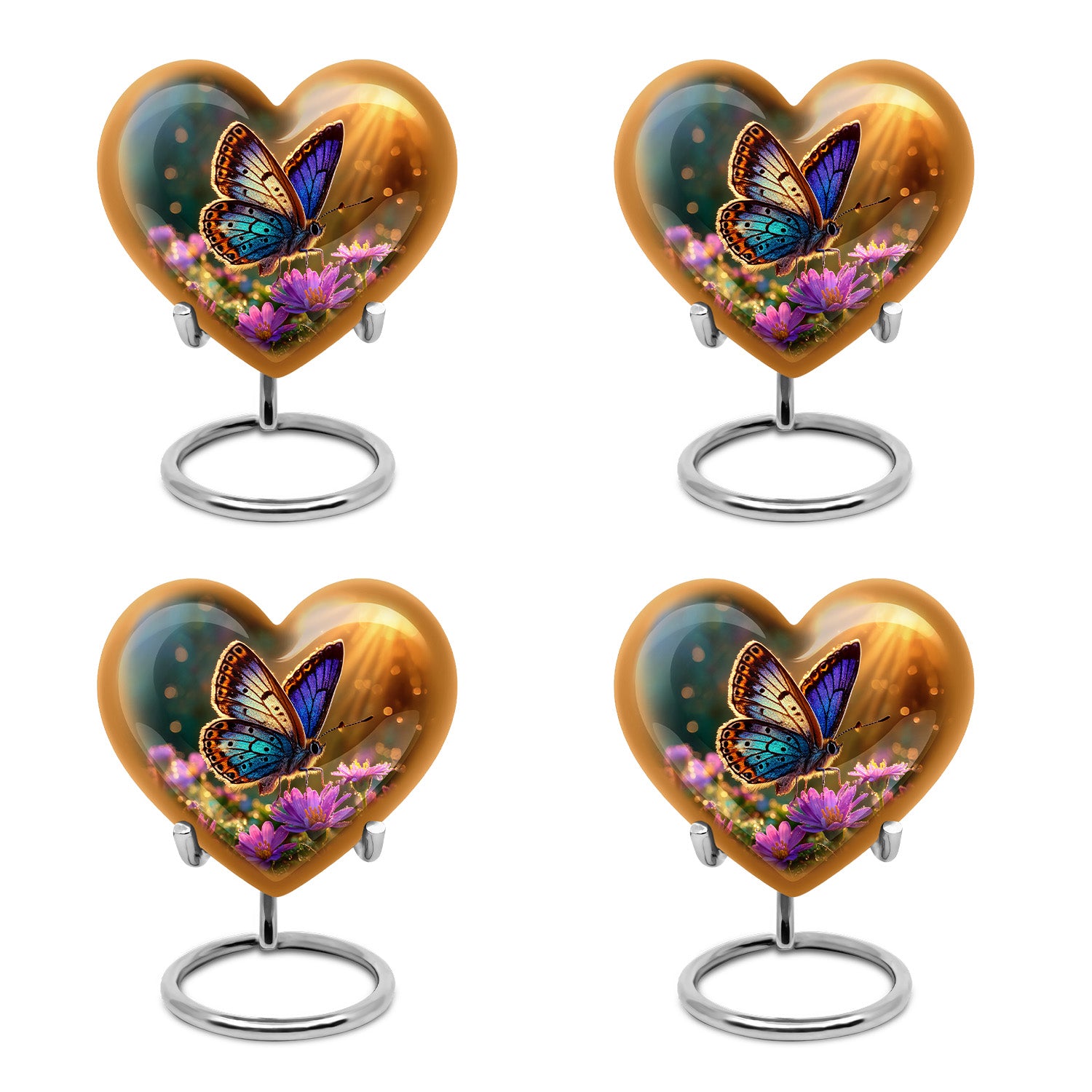 Harvest Gold Butterfly Cremation Urn angled view of lid and engraved motif - compassionate heart-butterfly combination with gentle curves - 10 inch aluminum urn for cremated remains