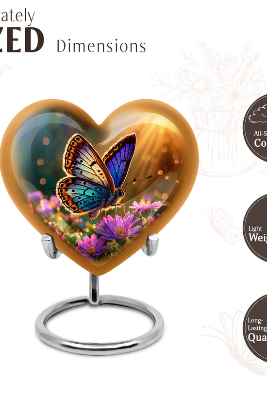Warm Gold Butterfly Cremation Urn front view showing detailed design - compassionate heart-butterfly combination with gentle curves - mini keepsake memorial for portion of cremation ashes