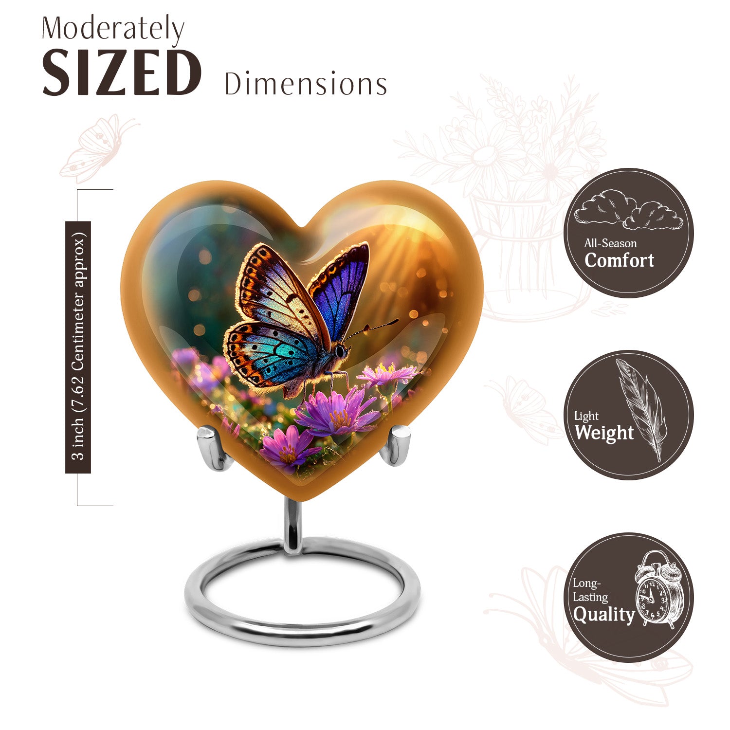 Warm Gold Butterfly Cremation Urn front view showing detailed design - compassionate heart-butterfly combination with gentle curves - mini keepsake memorial for portion of cremation ashes