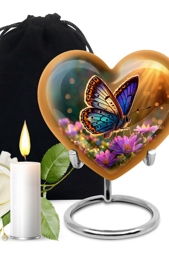 Champagne Gold Butterfly Cremation Urn detail view - loving heart memorial featuring butterfly pattern - full-size 10 inch 200 cubic inch adult cremation urn