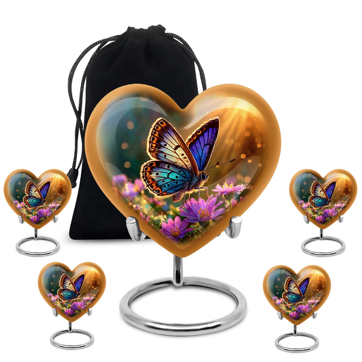 Gilded Gold Butterfly Cremation Urn close-up of engraving and surface detail - heart-shaped butterfly design symbolizing eternal love - memorial set with one large and four small urns