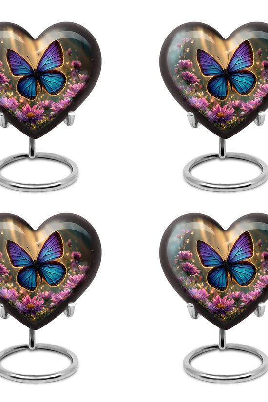 Gilded Gold Butterfly Cremation Urn angled view of lid and engraved motif - heart-shaped butterfly design symbolizing eternal love - 10 inch aluminum urn for cremated remains