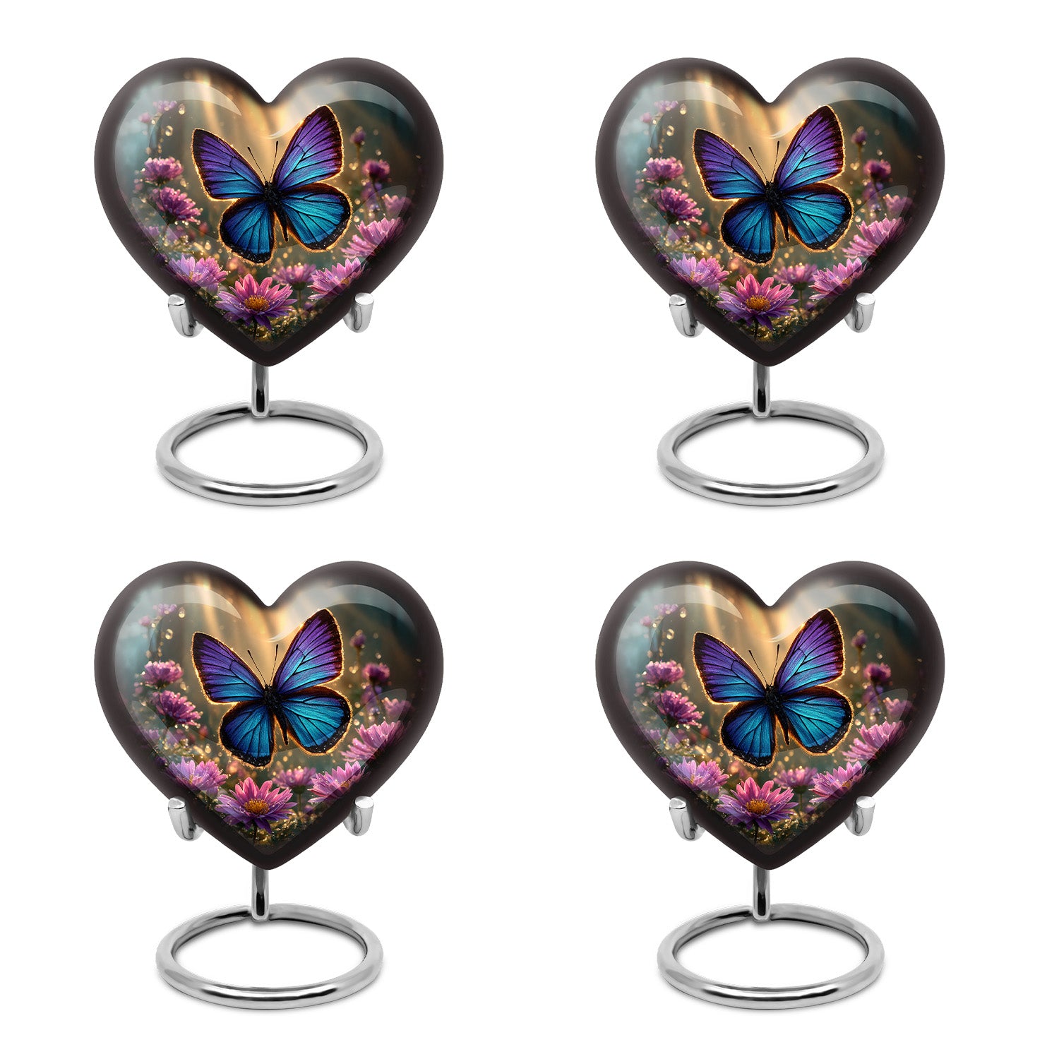 Gilded Gold Butterfly Cremation Urn angled view of lid and engraved motif - heart-shaped butterfly design symbolizing eternal love - 10 inch aluminum urn for cremated remains