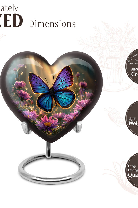 Champagne Gold Butterfly Cremation Urn front view showing detailed design - loving heart memorial featuring butterfly pattern - mini keepsake memorial for portion of cremation ashes