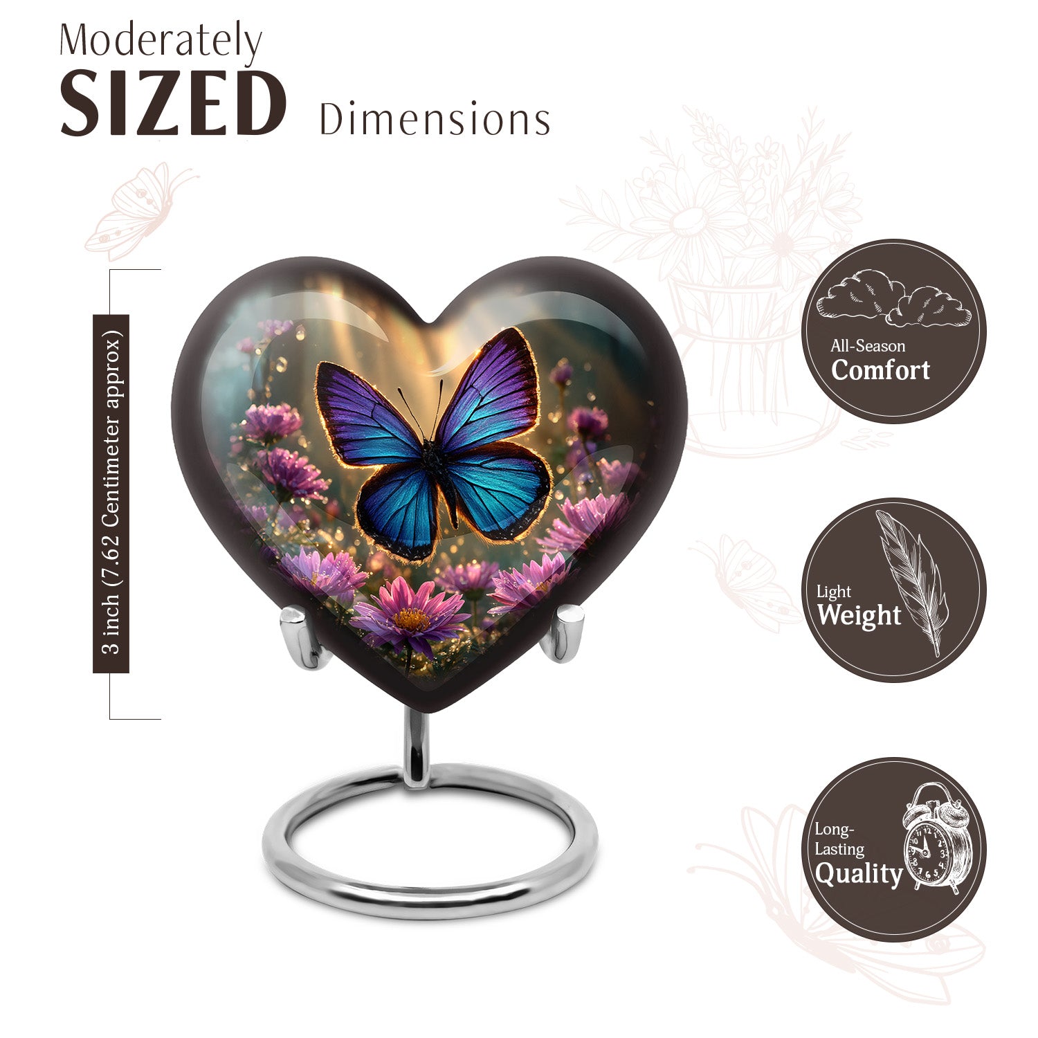 Champagne Gold Butterfly Cremation Urn front view showing detailed design - loving heart memorial featuring butterfly pattern - mini keepsake memorial for portion of cremation ashes