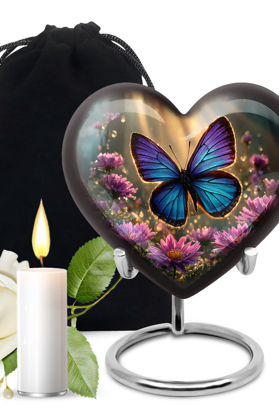 Champagne Gold Butterfly Cremation Urn detail view - loving heart memorial featuring butterfly pattern - full-size 10 inch 200 cubic inch adult cremation urn