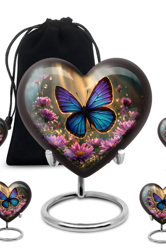 Matte Gold Butterfly Cremation Urn close-up of engraving and surface detail - romantic heart urn with butterfly motif on aluminum - memorial set with one large and four small urns