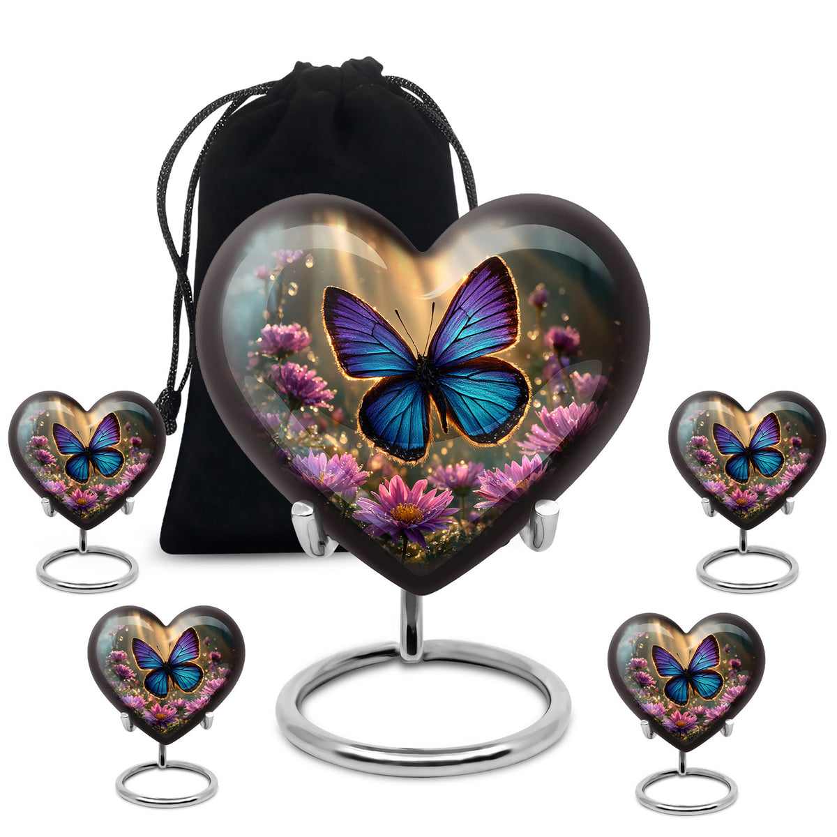 Matte Gold Butterfly Cremation Urn close-up of engraving and surface detail - romantic heart urn with butterfly motif on aluminum - memorial set with one large and four small urns