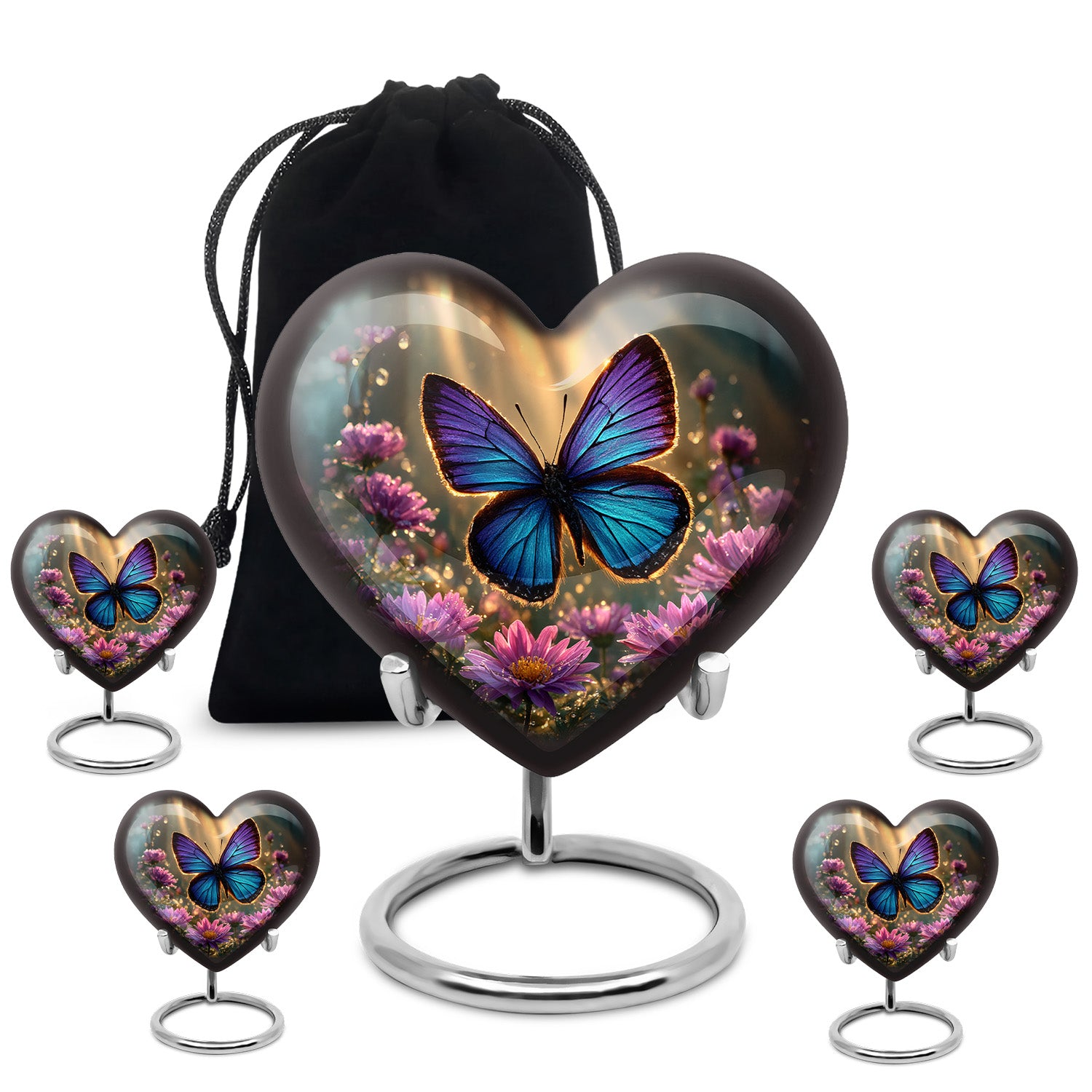 Matte Gold Butterfly Cremation Urn close-up of engraving and surface detail - romantic heart urn with butterfly motif on aluminum - memorial set with one large and four small urns