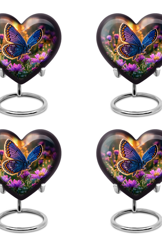Burnished Gold Butterfly Cremation Urn angled view of lid and engraved motif - compassionate heart-butterfly combination with gentle curves - 10 inch aluminum urn for cremated remains