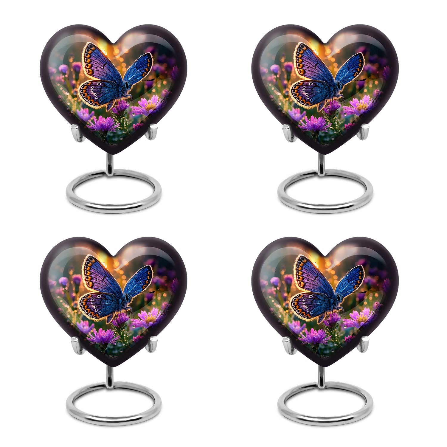 Burnished Gold Butterfly Cremation Urn angled view of lid and engraved motif - compassionate heart-butterfly combination with gentle curves - 10 inch aluminum urn for cremated remains
