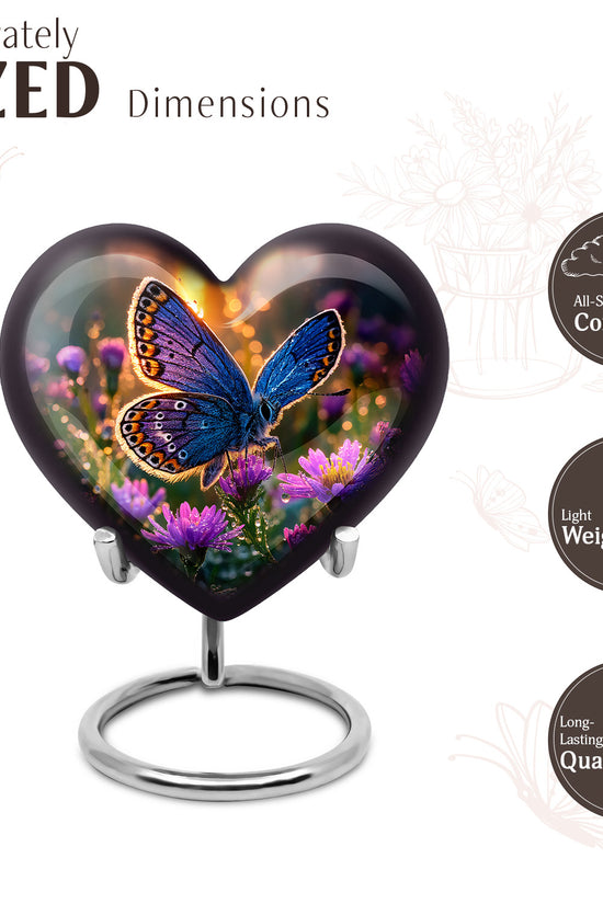 Harvest Gold Butterfly Cremation Urn front view showing detailed design - compassionate heart-butterfly combination with gentle curves - mini keepsake memorial for portion of cremation ashes