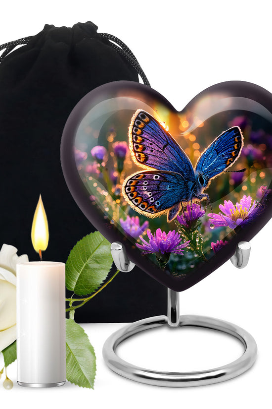Warm Gold Butterfly Cremation Urn detail view - romantic heart urn with butterfly motif on aluminum - full-size 10 inch 200 cubic inch adult cremation urn