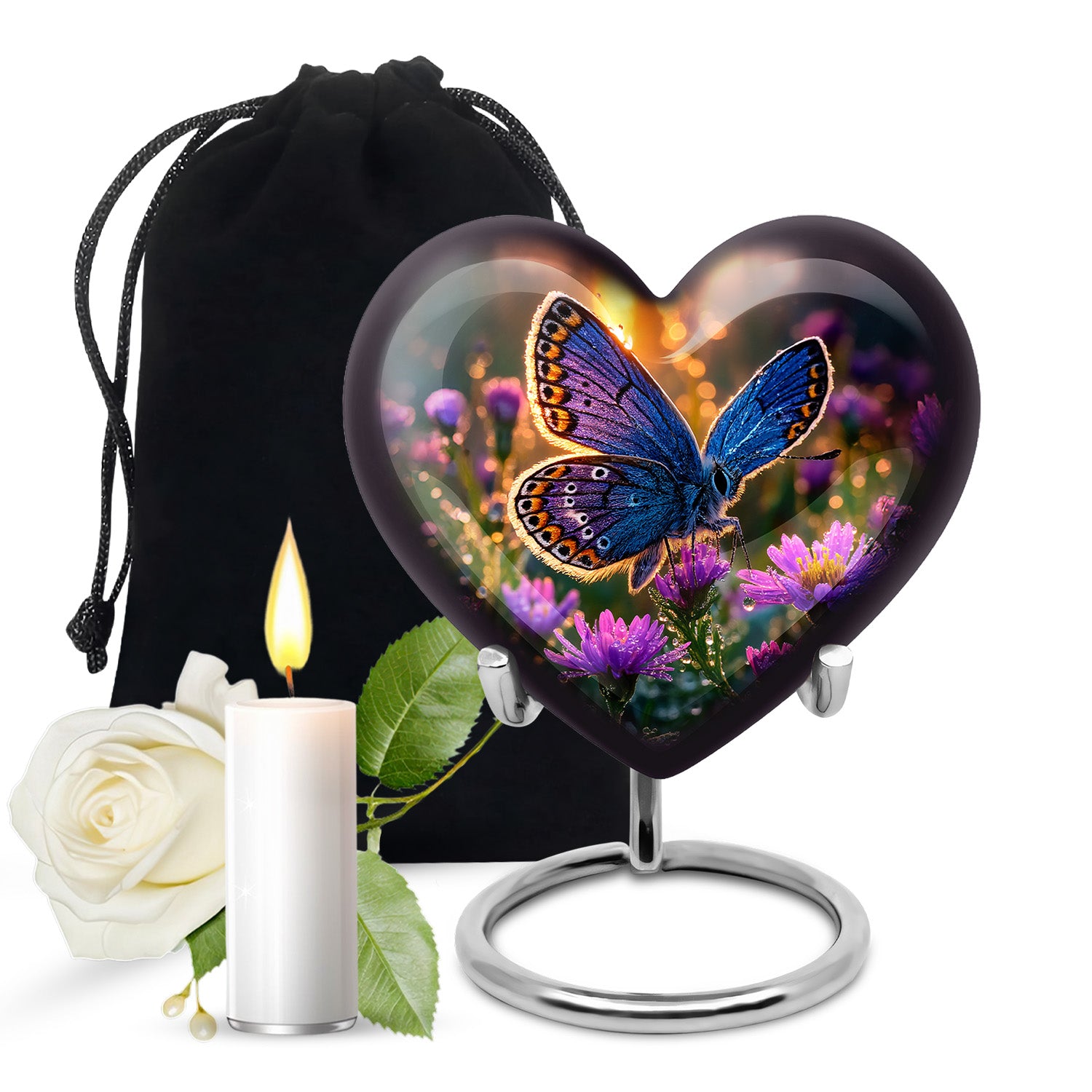 Warm Gold Butterfly Cremation Urn detail view - romantic heart urn with butterfly motif on aluminum - full-size 10 inch 200 cubic inch adult cremation urn