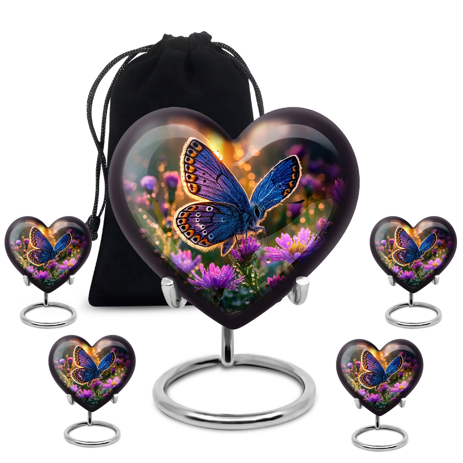 Burnished Gold Butterfly Cremation Urn close-up of engraving and surface detail - romantic heart urn with butterfly motif on aluminum - memorial set with one large and four small urns