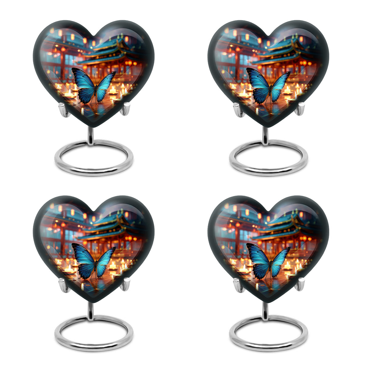 Twilight Blue Butterfly Cremation Urn angled view of lid and engraved motif - compassionate heart-butterfly combination with gentle curves - 10 inch aluminum urn for cremated remains