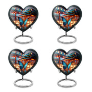Twilight Blue Butterfly Cremation Urn angled view of lid and engraved motif - compassionate heart-butterfly combination with gentle curves - 10 inch aluminum urn for cremated remains