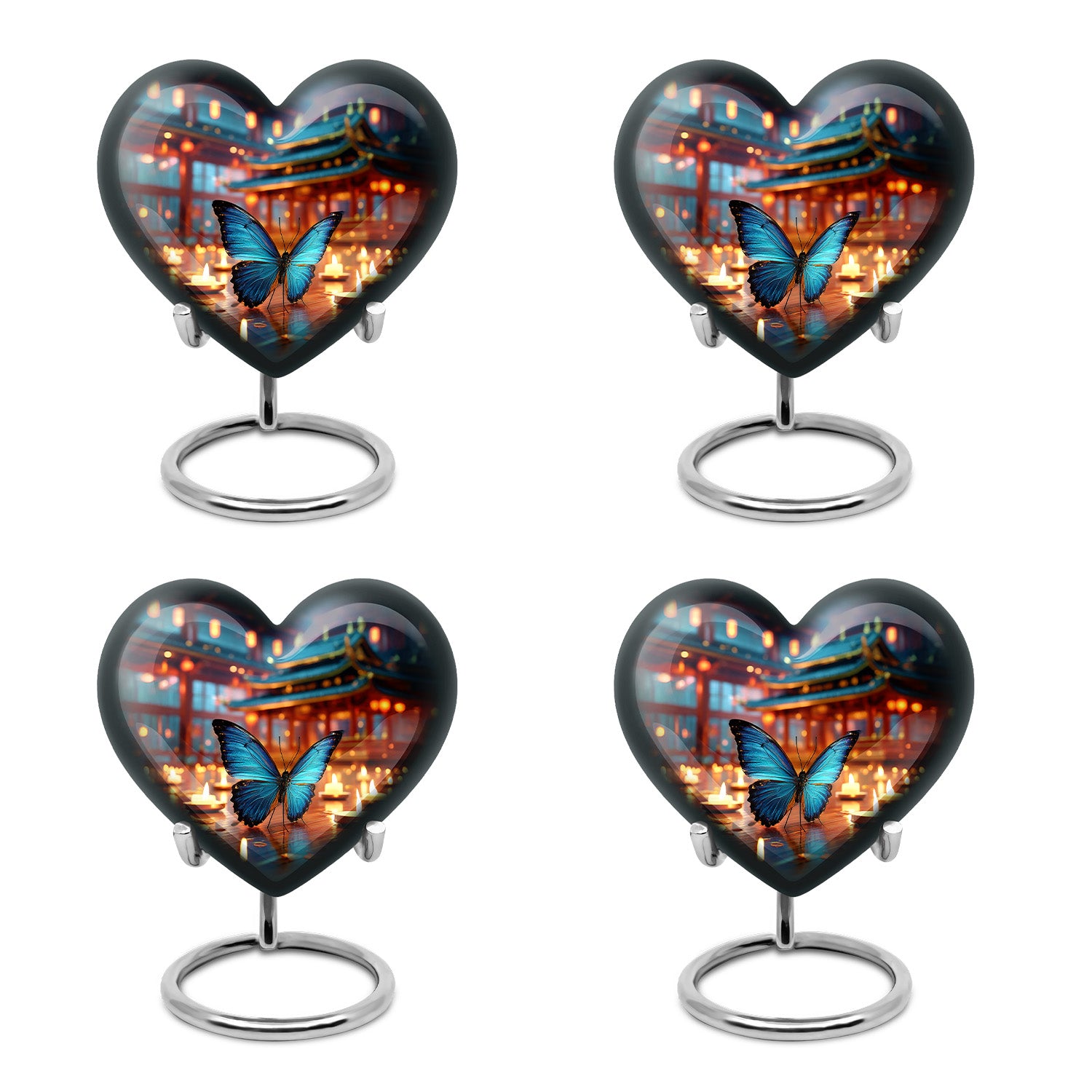 Twilight Blue Butterfly Cremation Urn angled view of lid and engraved motif - compassionate heart-butterfly combination with gentle curves - 10 inch aluminum urn for cremated remains