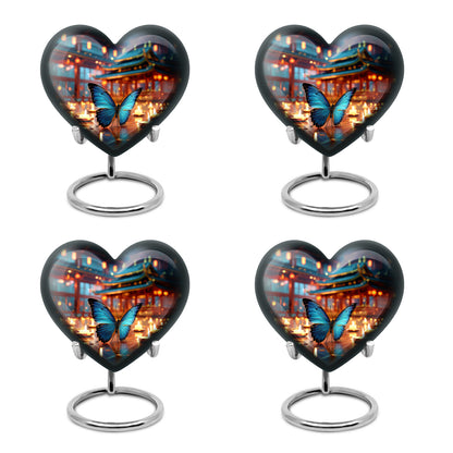 Twilight Blue Butterfly Cremation Urn angled view of lid and engraved motif - compassionate heart-butterfly combination with gentle curves - 10 inch aluminum urn for cremated remains
