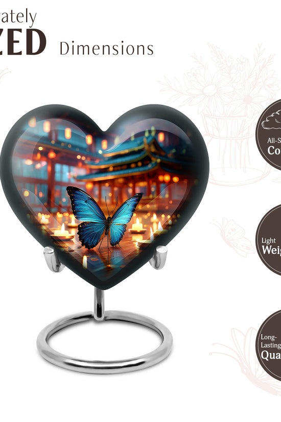 Indigo Butterfly Cremation Urn front view showing detailed design - loving heart memorial featuring butterfly pattern - mini keepsake memorial for portion of cremation ashes