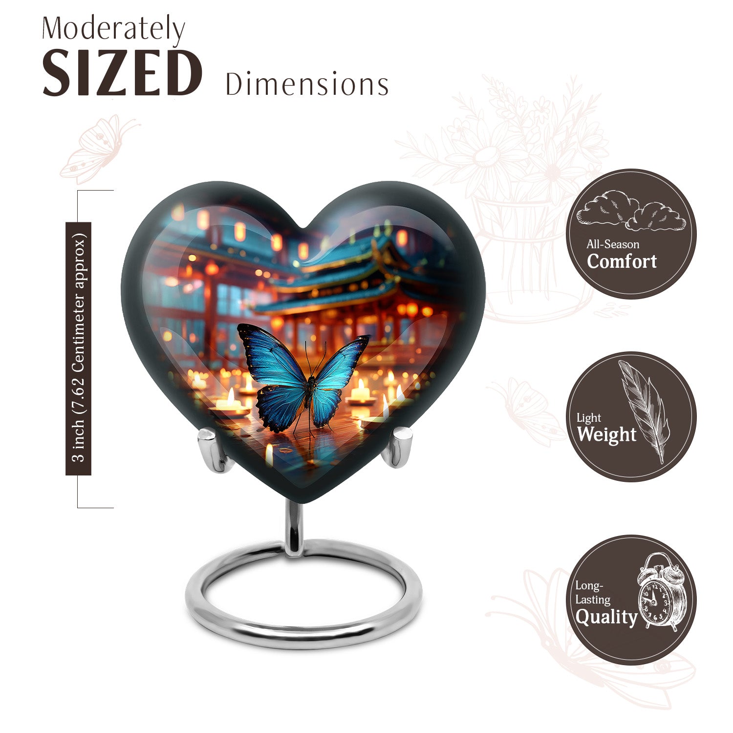 Indigo Butterfly Cremation Urn front view showing detailed design - loving heart memorial featuring butterfly pattern - mini keepsake memorial for portion of cremation ashes