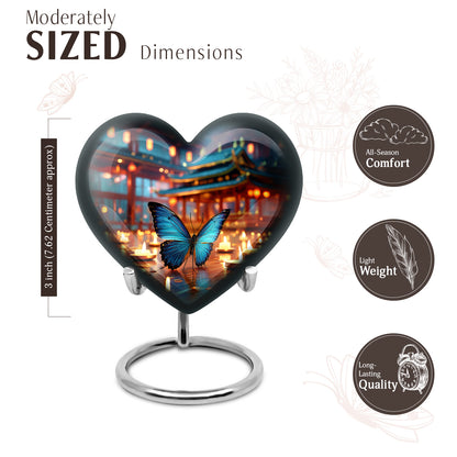 Indigo Butterfly Cremation Urn front view showing detailed design - loving heart memorial featuring butterfly pattern - mini keepsake memorial for portion of cremation ashes